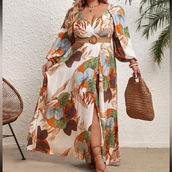 Plus Size Plunge V Neck Floral Tropical Print High Slit Long Sleeve Maxi Dress - Picture 2 of 12